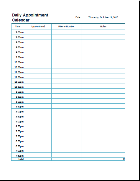 MS Excel Daily Appointment Calendar Template | Formal Word Templates